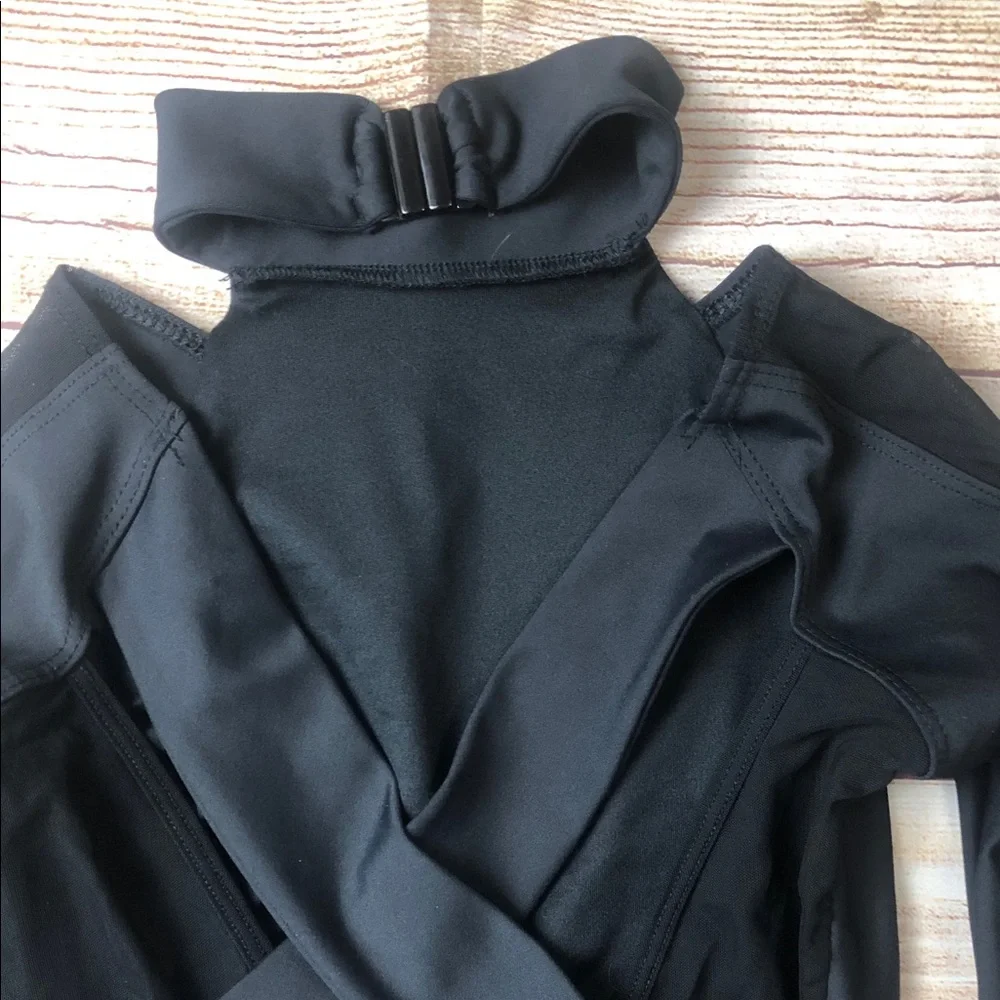 Black Cold-Shoulder‎ Mesh Long Sleeve Dance Leotard with High Neck